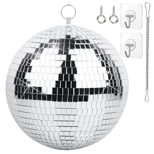 Bola de discoteca 20 cm con cadena y gancho – Bola de espejos para fiestas, DJ, club y escenario, Plateado