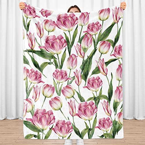 Sowide Pink Tulips Blanket, Pink Flowers Blanket Throw, Soft Warm Lightweight Plant Flannel Blanket