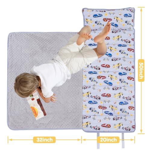 Image of Viviland Toddler Kid Nap Mat for Preschool, Boys Grey Race Car Slumber Bag, Daycare Sleeping Bag with Pillow and Blanket, Kindergarten Sleep Mat