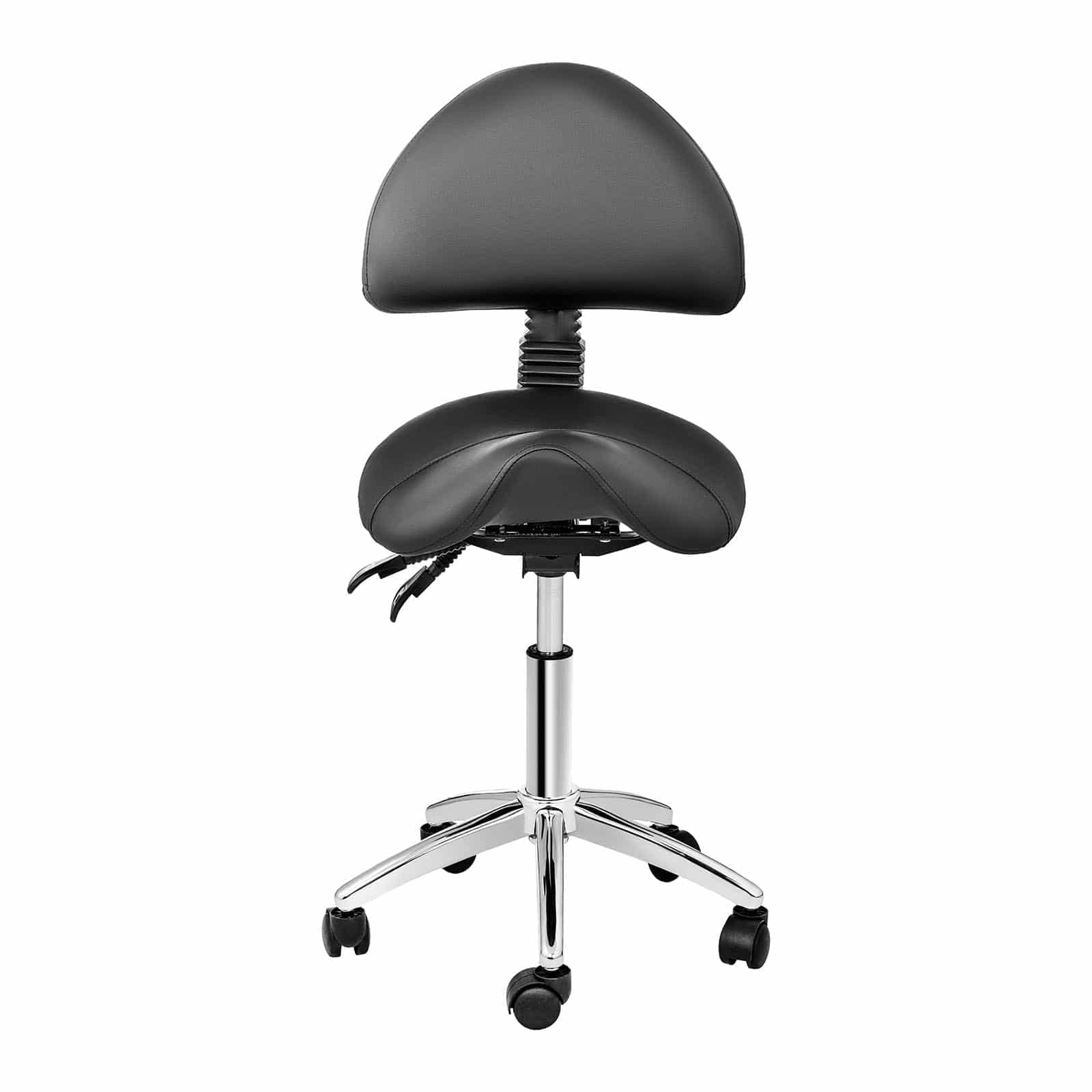 Physa Siège Selle de cheval avec Dossier 90-120°, 55-69 cm, 150 Kg, Pivotant, roulettes, Noir Assis Debout Ergonomique Tabouret de travail pour salon, spa, massage
