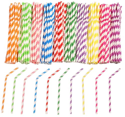 Xyedyaup 100 Pcs Strohhalme Papier Einweg Flexibles Strohhalm 197mm × 6mm Trinken Striped Paper 5-7 zufällige Farben