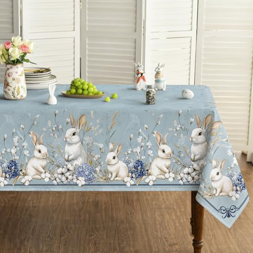 Horaldaily Easter Tablecloth 60×104 Inch Rectangular, Blue Easter Bunny Flowers Washable Seasonal Table Cover for Party Picnic Dinner Decor