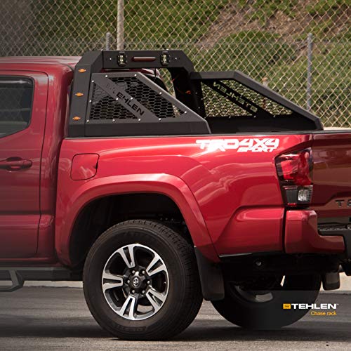 Stehlen 642167842477 Universal Adjustable Truck Bed Chase Rack Roll Bar with 3rd Third Brake Light & 2x LED Work Lamps Bars & 6x Amber Side Marker - Matte Black