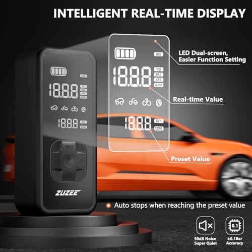 Image of ZUZEE Tire Inflator Portable Air Compressor - 4X Faster Inflation, 150PSI Air Pump for Car Tires with Digital Pressure Gauge /LED Light, Portable Tire Inflator for Car, Moto, Bike, Ball, etc(Black)