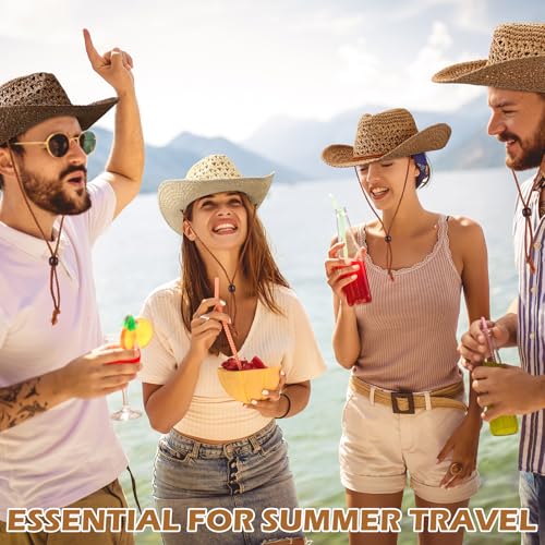 Image of Newcotte 6 Set Straw Cowboy Hats and Bandanas for Women Western Cowgirl Beach Sun Hat Bulk with Windproof Rope for Party Travel
