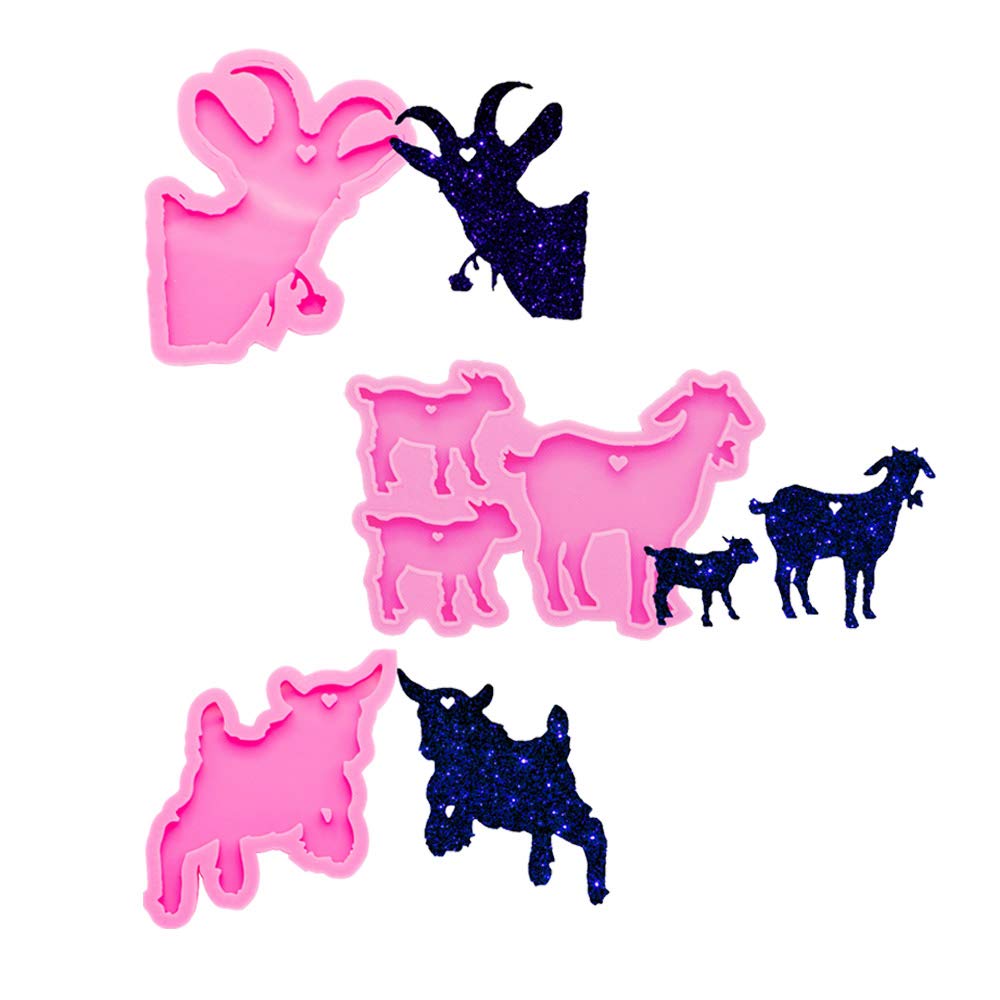 3 PCS Glossy Shiny Jumping Goat Family Animal Shape Sheep Heart Love Keychain with Hole Silicone Mold for DIY Fondant Trinket Gum Candy Pudding Jelly Shots Luggage Tag Cake Decor Crystal Earrings