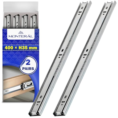 2 Pares Guias Correderas para Cajones con Rodamiento de Bolas 400 mm x H 35 mm - Rieles para Cajones Telescopicas de Extensión Total - Garantía de 10 Años - MONTERAL