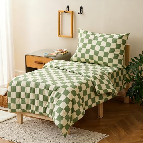Image of Wellboo Green White Plaid Toddler Bedding Sets for Girls Boys Sage and White Checkerboard Grid 4 Pieces Soft Crib Bed Set Including Comforter, Sheets and Pillowcase Kids Checkered Geometric Quilt