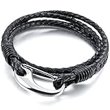 MunkiMix Edelstahl Echtleder Armband Armreifen Manschette Silber Ton Schwarz Herren