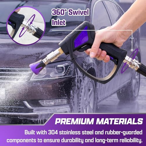 Image of Brug's Pro Swivel Gun V2.0 | Short Pressure Washer Wand | Swivel Pressure Gun | Stainless Steel| Rinsing Nozzle Included | Self-Locking Quick Connect| Light Weight Trigger | Short Pressure (Blue)