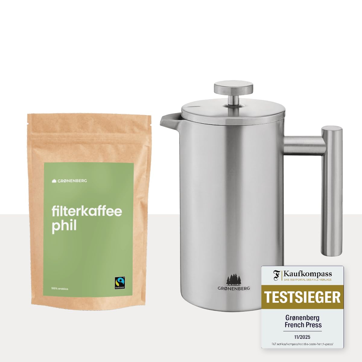 Groenenberg Spar Set 7 | French Press Thermo 600ml + Bio Filterkaffee 500g | Edelstahl Kaffeepresse Kaffeebereiter + Filterkaffee Pulver