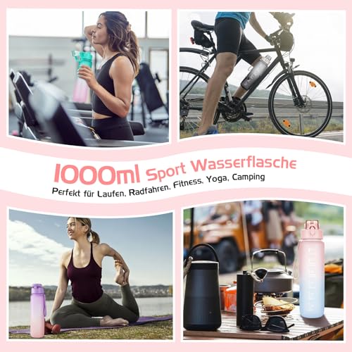 AOHAN Trinkflasche, 1l Wasserflasche BPA-Frei, Trinkflasche Sport Auslaufsicher, Sportflasche mit Zeitmarkierung für Fitness, Büro, Schule, Yoga, Outdoor