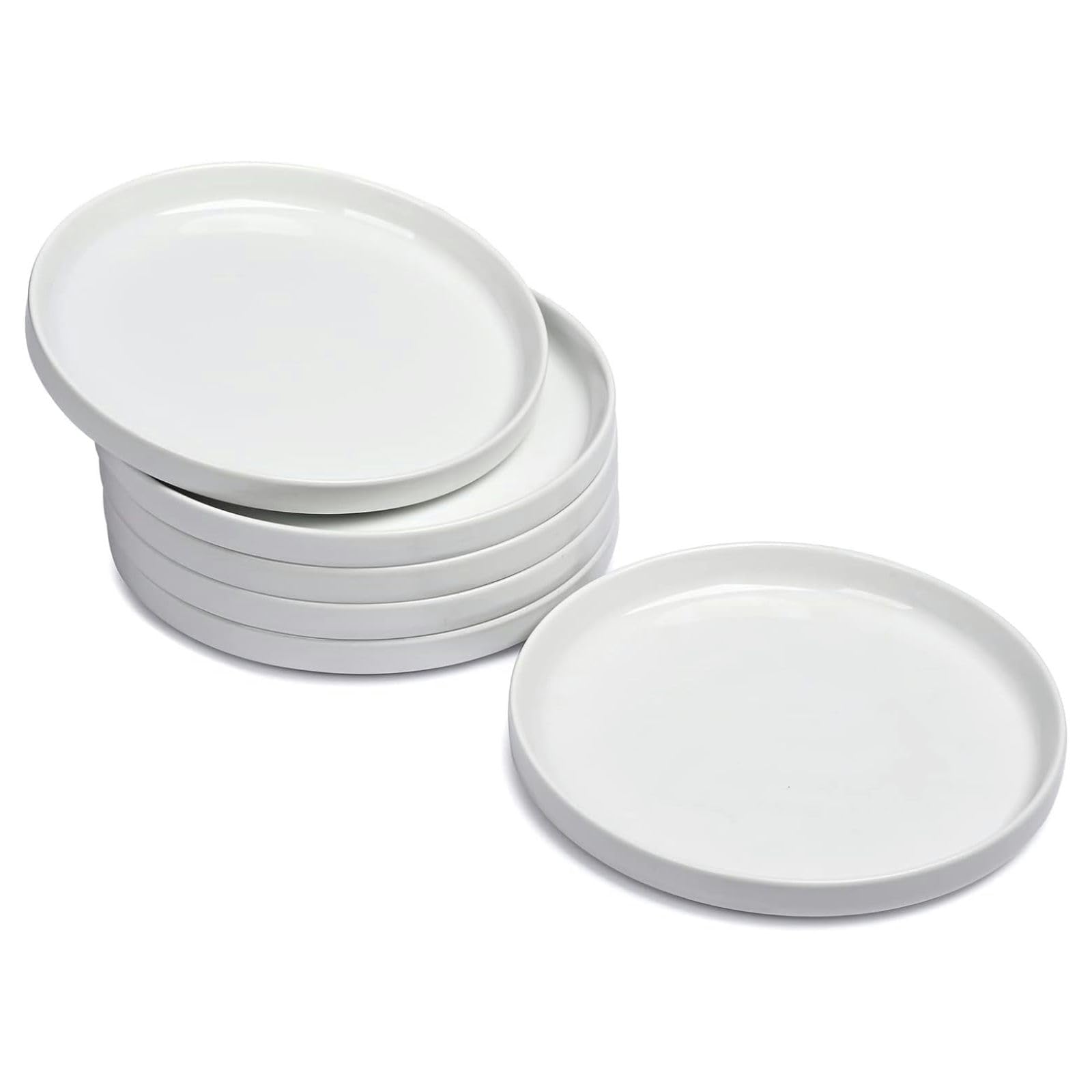 WishDeco Set di 6 Piatti Dessert, Piatti Piani Porcellana, Piattini 18cm | Servizio Piatti con Bordo Alto Moderni, Piatti Fondi Bianchi per Insalata, Torta, Pasta