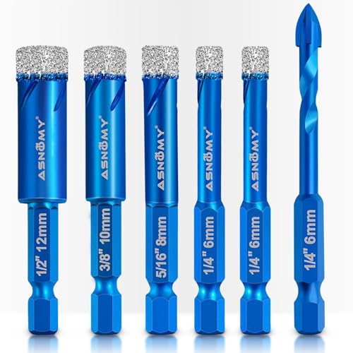 ASNOMY 6-tlg. Diamantbohrer Fliesenbohrer Glasbohrer Set [6, 6, 8, 10, 12mm] mit 6mm Karbid-Anbohrer Diamantbohrer für harte Fliesen Keramik, Feinsteinzeug, Marmor und Granit