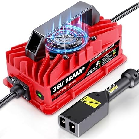 18 Amp 36 Volt Golf Cart Battery Charger for EZGO TXT - D-Style Plug, Smart Charger for Lead-Acid Batteries, IP67 Waterproof, Multi-Protection, Unique Design (Red)