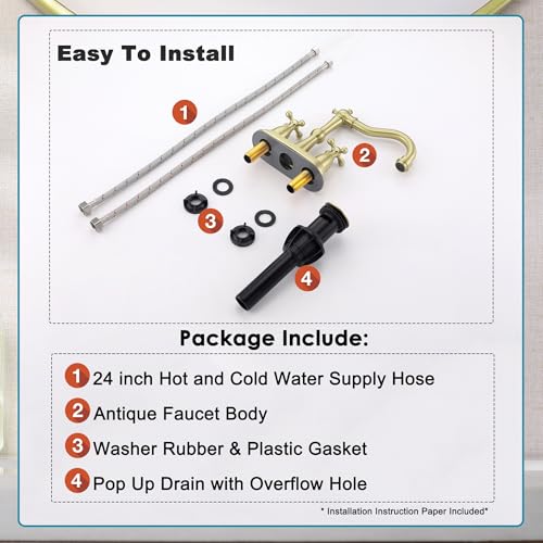 Antique Bathroom Faucet Brushed Gold, Senhozi Cross Handles Centerset Bathroom Faucet for Sink 3 Hole with Overflow Pop Up Drain Assembly and Supply Hose, SUS304 RV Bathroom Faucet 3 Hole, SE-0038-BG thumbnail 7