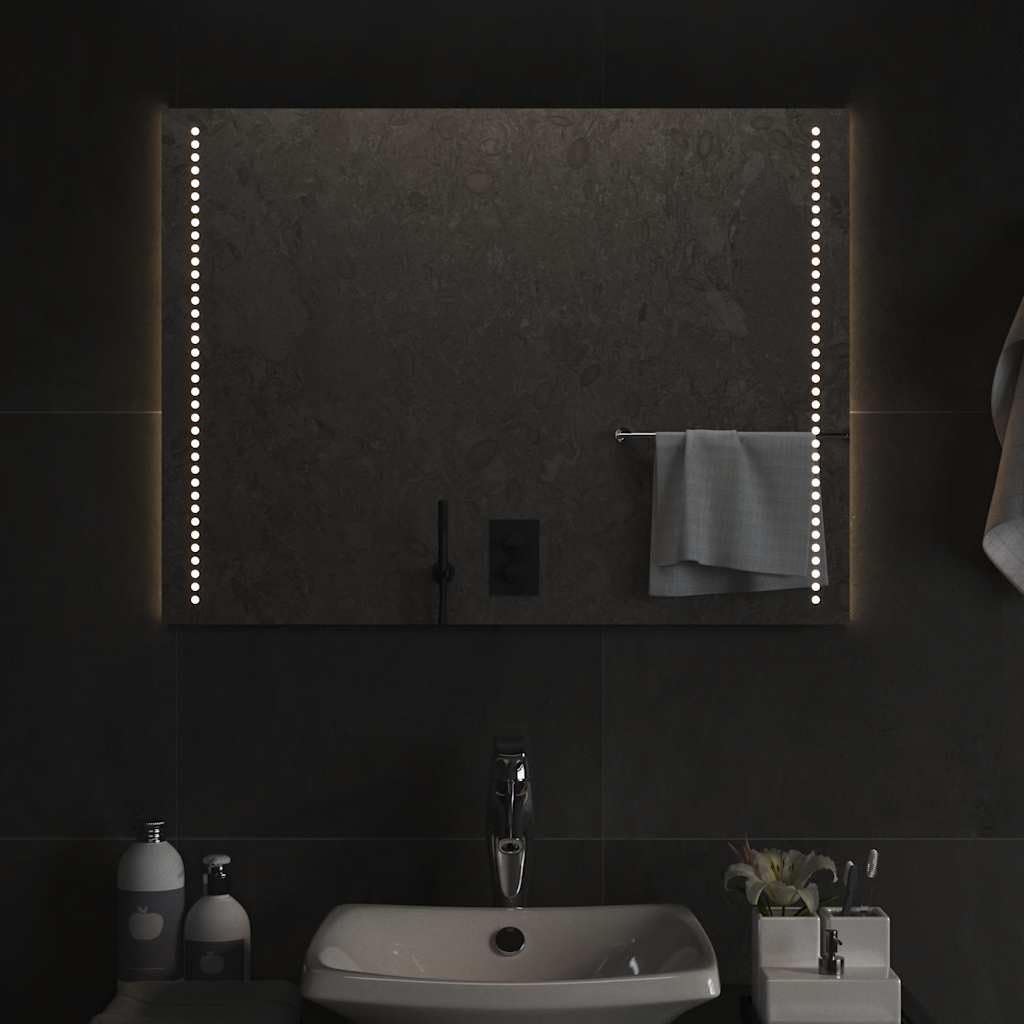 Espejo de baño LED de 80 x 60 cm, espejo de baño impermeable con protección IP65, puerto USB, espejo cosmético montado en la pared para lavabo, diseño moderno, espejo de maquillaje iluminado