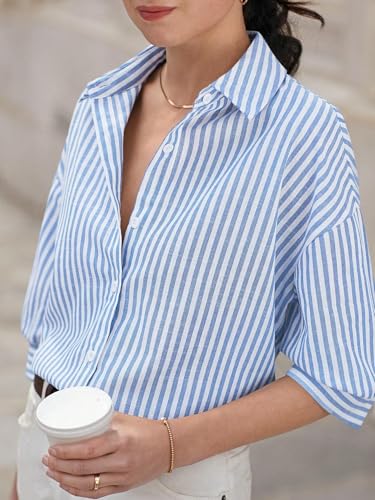 Image of IndoPrimo Women's Classic Fit Striped Print Poly Cotton Shirt with 3 /4 Sleeve Mandarin Neck Standard Length and Button Down Closure Type