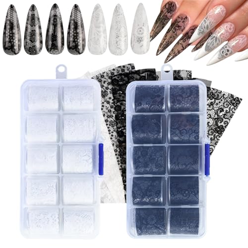 GZMAYUEN 20 Rolls Lace Nail Foil Sheets White Lace Transfer Foil for Nails Black Nail Lace Stickers Nail Transfer Sheets for DIY Nail Decoration