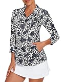 Viracy Womens Golf Clothes,3/4 Sleeve Womens Activewear Tops Quarter Zip Golf Polo Shirt Elbow Sleeve Quick Dry Sun Protection Tennis Workout Attire Blue Leaves M