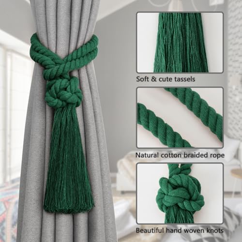 Pretty Jolly 2 Pack Natural Cotton Rope Tassel Curtain Tiebacks Boho Home Decor Drape Tie Backs Hand Woven Ball Curtain Holdbacks for Thin & Thick Home & Office Window Draperies (Green) - Image 3