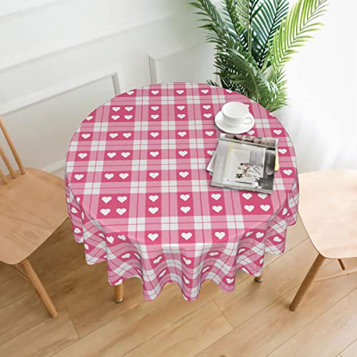 Cafl Pink Checked Love Heart Table Cloth Washable Table Cover Dust-Proof Wrinkle Resistant Round Tablecloth For Restaurant,Picnic #TOP2