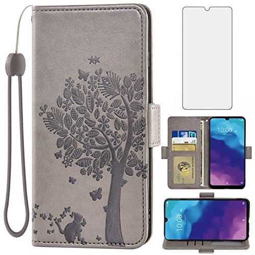 Asuwish Compatible with ZTE Blade A7 Prime/A 7 2020 Wallet Case and Tempered Glass Screen Protector Flip Accessories Wrist Strap Credit Card Holder Stand Cell Phone Cover for A7Prime Women Men Gray by Asuwish - Used condition - CA$6.57