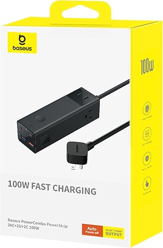 Miniatura 8 de Baseus Estación de carga de 100 W - Tira de alimentación 7 en 1, cargador USB C con protección contra sobretensiones, 3 AC, 2 USB-C, 2 puertos