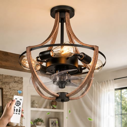 Wheatronic 16.5' Flush Mount Ceiling Fan with Light and Remote, Low Profile Caged Fandelier, Quiet 6-Speed Reversible Motor, Small Farmhouse Ceiling Fan for Bedroom, Dining Room