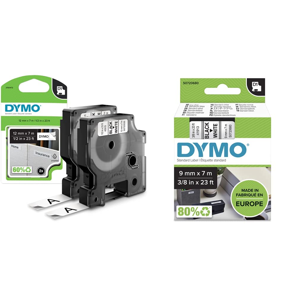 Dymo D1 etichette, stampa nero su bianco, 12x7 mm & D1 Etichette Autoadesive per Stampanti LabelManager, Rotolo da 9 mm x 7 m, Stampa Bianco su Nero, 1 Pezzo