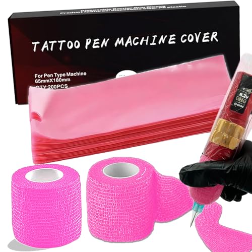 202pcs Tattoo Griff Abdeckung Tattoo Zubehör Set, Unihuby 2pcs Grip Tape und 200pcs Einweg Pen Bags Grips Cover Wrap Maschine Cover