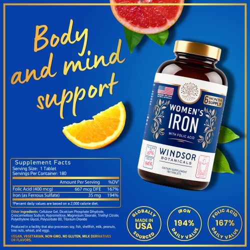 Iron Pills for Women - Iron Supplement for Women with Folic Acid - 6 Month Supply - Anemia, Period, Pregnancy Support Iron Supplements - Ferrous Sulfate, Folate Vitamin B9-180 Vegan Iron Tablets - Image 4