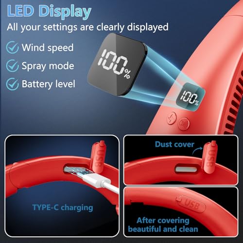 Image of Neck Fans for Women Rechargeable-Foldaway Personal Fan with Water Mist,Wearable Hanging Fan Around Neck,Small USB Rechargeable Neck Cooler for Mother's Day Father's Day Adults Kids Birthday Gifts Red
