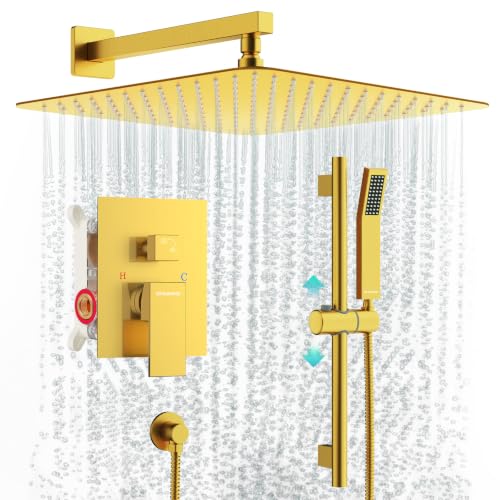 Image of SR SUN RISE 12 Inch Square Shower System with Slide Bar,Brushed Gold