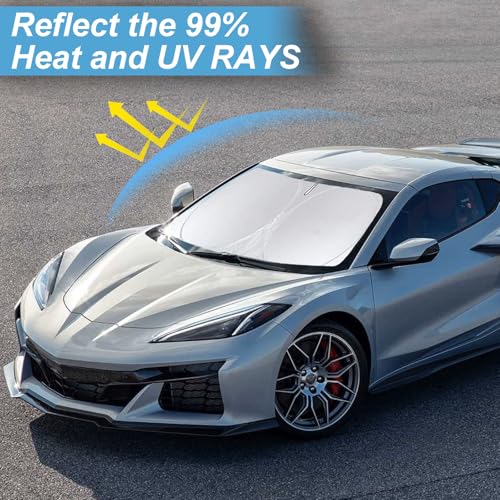 Sunshade for Chevy Corvette Windshield Sun Shade for Chevrolet Corvette C8 2020-2024 2025 2026 Grand Sport Corvettes Accessories Foldable Sun Visor Protector Front Window Shield Cover Block UV Rays