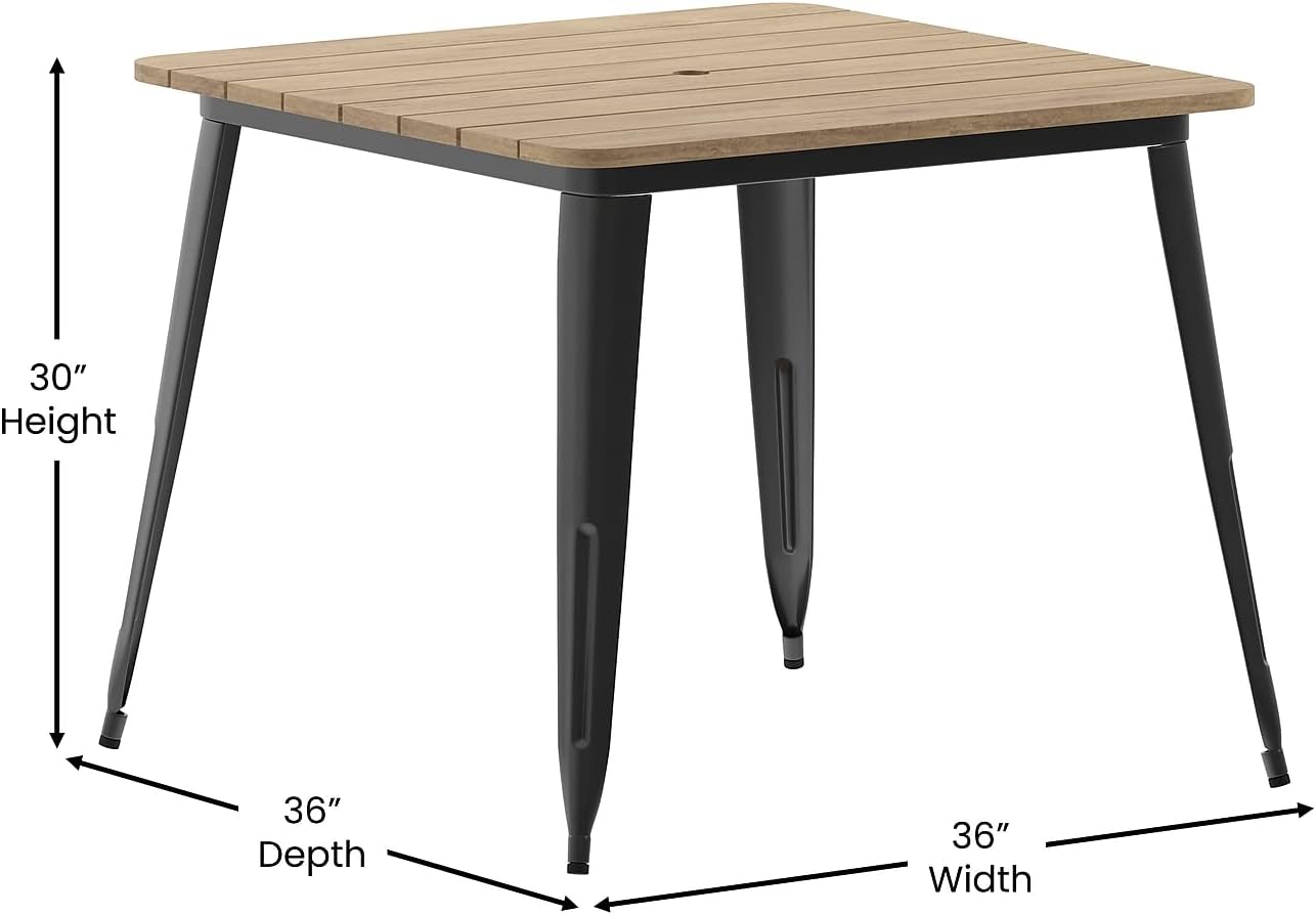 Flash Furniture Declan Commercial Outdoor Dining Table with Umbrella Hole, All Weather Poly Resin Top and Steel Base, 36" Square, Brown/Black