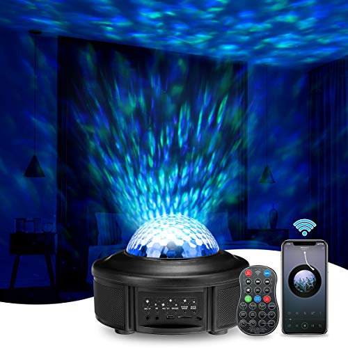 Projecteur Étoiles Rotatif, SOLMORE LED Projecteur Étoile avez 21 Modes, Lampe Projecteur de Rotatif Nuage Luminosité Réglable avec Haut-Parleur Bluetooth/Télécommande/Minuterie, Cadeau Unique