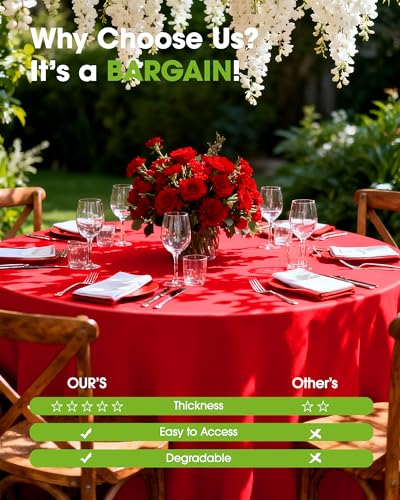 Image of Pureegg Plastic Table Cloth Disposable 8 Pack, 84'' Round Table Cloths, Valentines Day, Thanksgiving, Christmas Decorations, Fall Tablecloths, Round, Plastic Cover, Leakproof & Sturdy, Red