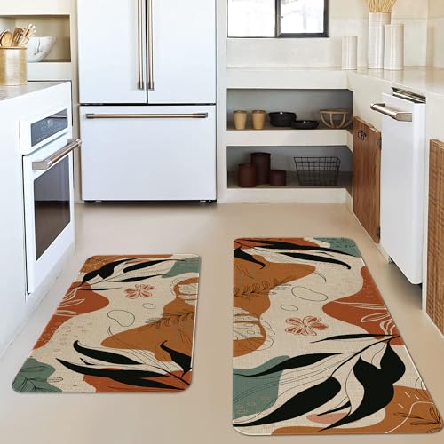 Eikunn Boho Mid Century Modern Kitchen Rugs And Mats Set Of 2,Farmhouse Style Abstract Tropical Leaf Kitchen Mat For Floor,Non-Slip Washable Kitchen Sink Mats Decor Doormat+Runner Rug thumb #5