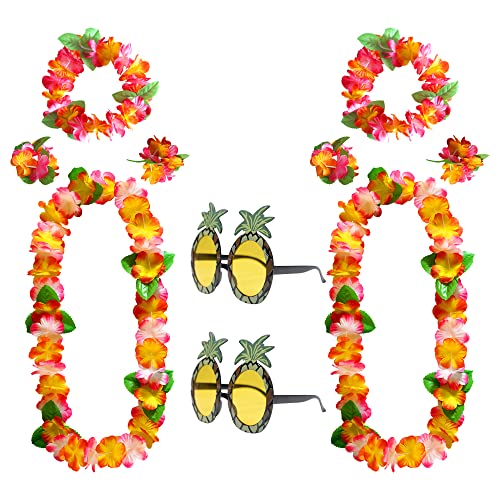 Hawaii Blumenkette 10 Stück Hawaii Kette Blumen Ananas Kostüm Sonnenbrille Set mit Armbänder Stirnbänder and Halsketten Hawaii Deko für Beach Aloha Luau Party Accessoires Cover