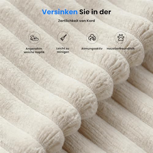HOMRELEXA 276cm Sofa mit hoher Rückenlehne, L-Form Schlafsofa aus Cordstoff, 3-Sitzer mit Ottomane Links oder rechts, Relaxsofa für Wohnzimmer, freistehend, Keine Montage(Weiß)