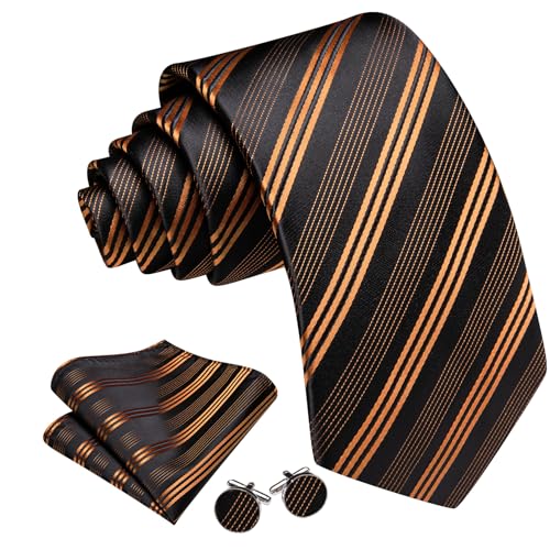 Image of Barry.Wang Man Stripe Ties Set Silk Woven Pocket Square Necktie Cufflinks Formal Party Business