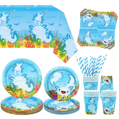 Obussgar Blau Axolotl Party Dekoration - Blau Axolotl Geburtstag Party Geschirr liefert enthält Teller, Tassen, Servietten, Tischdecke, Strohhalme - serviert 20