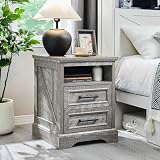ACCOHOHO 18' Farmhouse Nightstand with Charging Station,End Table with 2 Drawers Storage,Side Table,Bedside Cabinet for Bedroom,Living Room,Grey