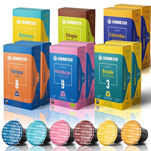 Gourmesso100ct Espresso Pods Compatible with Nespresso Capsule Machines |100% Fair Trade | Includes Dark Roast, Medium Roast, Light Roast