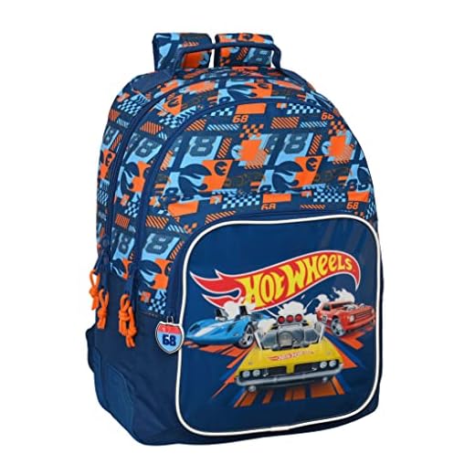 Safta M773, Hot Wheels Speed Club-Mochila Escolar Infantil, Ideal Diferentes Edades, Cómoda y Versátil, Calidad y Resistencia, 32x15x42 cm, Color Azul Marino y Naranja Unisex niños, Estándar