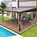Domi 10x12FT Lean to Gazebo, Aluminum Wall Mounted Gazebo with Sloping Galvanized Steel Roof, Curtains and Netting, Outdoor Hardtop Gazebo Pergola for Patio, Deck, Garden, Backyard