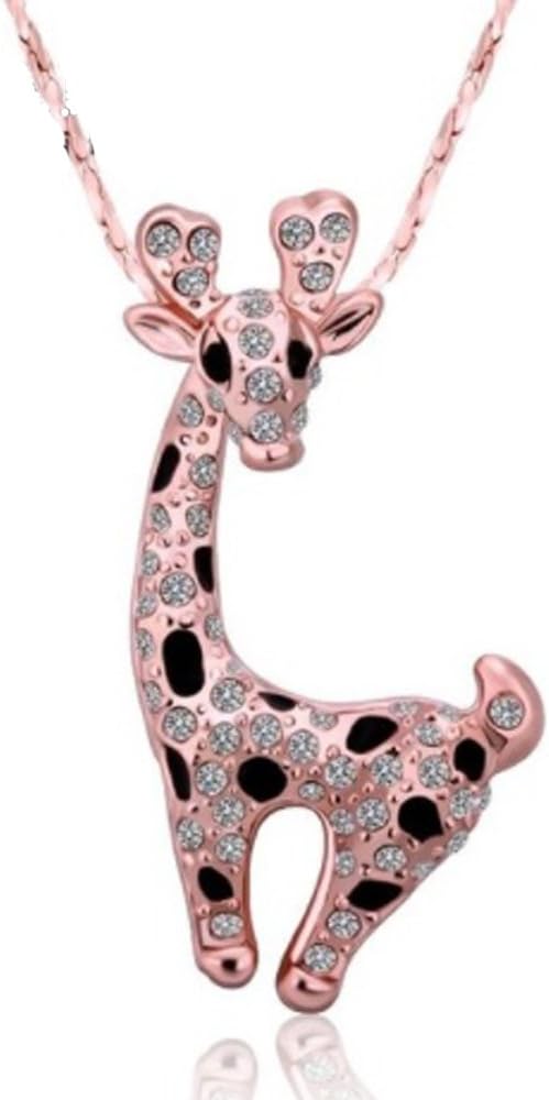 IzuBizu London Womens 18 CT Gold Plated Pink Rose Black Colour Retro Safari Giraffe Animal Necklace Free Elegant Gift Box