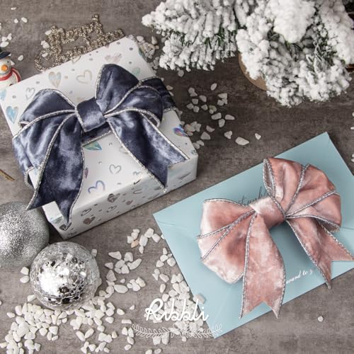 Image of Ribbli Dusty Blue Velvet Wired Ribbon 2.5 Inch Metallic Dusty Blue Crushed Velvet Christmas Ribbon for Gift Wrapping Christmas Tree Decoration Crafts Wreaths Supplies-Continuous 10 Yards
