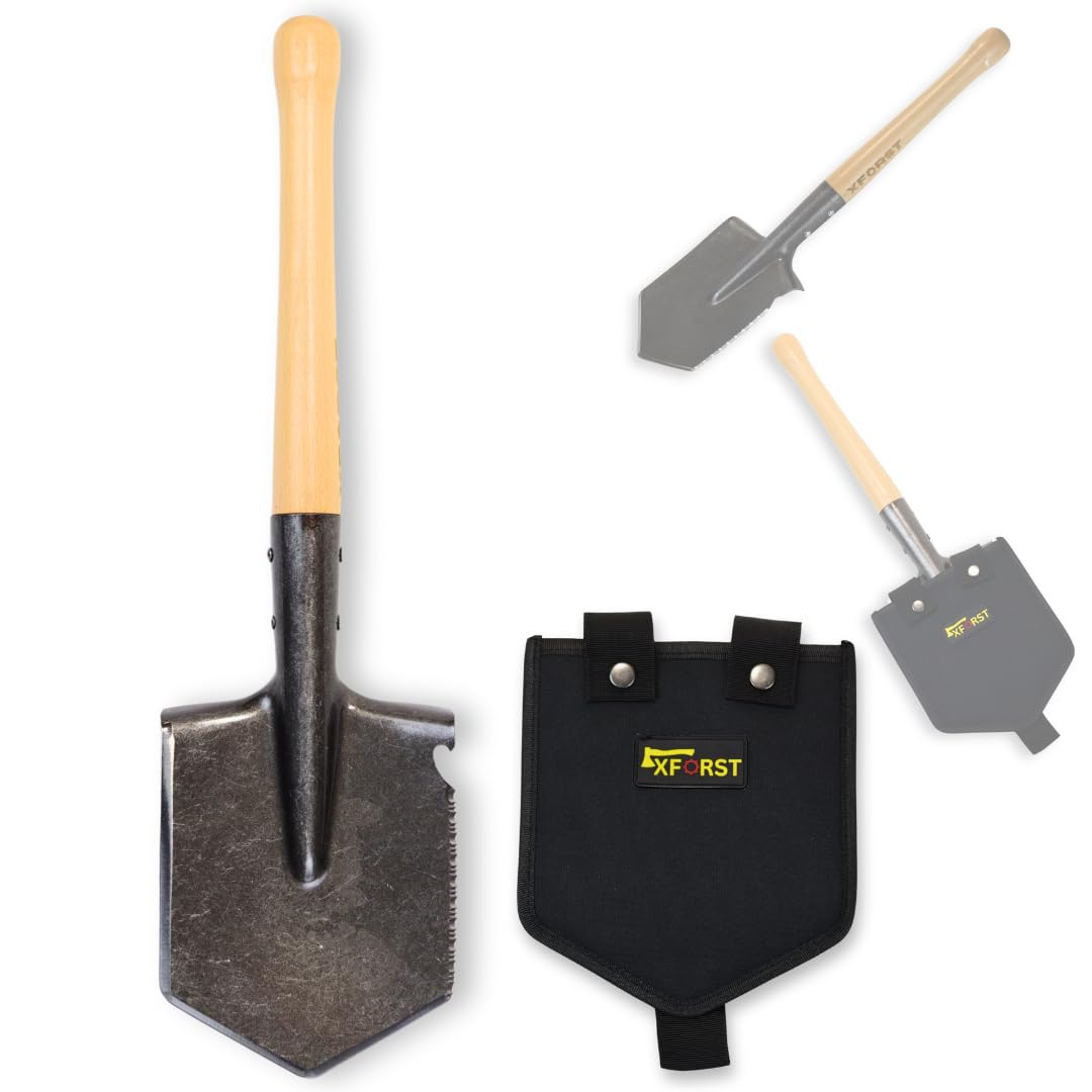 Xforst FS1 Pelle bêche de survivalisme Camping avec Manche en Bois et Housse – avec Lame en Acier Tranchante et Poignée en Bois Ergonomique, Idéale pour Le Jardin, Le Camping et la Survie